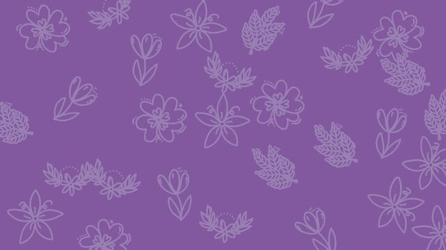 Multiple white flower sketches on a purple background create a stunning floral graphic design suitable for stationery, textiles, and packaging.