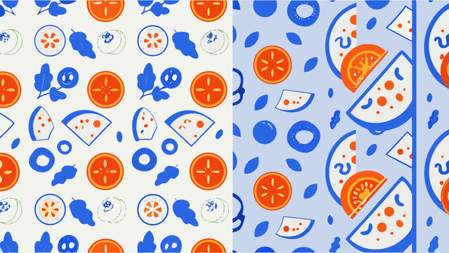 Italian pizza ingredients seamless pattern with tomatoes cheese and basil on white and blue backgrounds perfect for food design