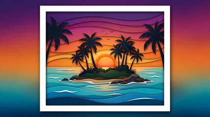 Obraz premium Vibrant tropical island sunset with silhouetted palm trees over colorful ocean waves and a gradient sky