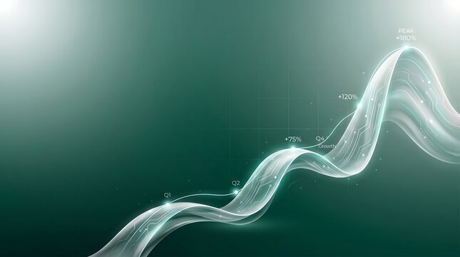 Abstract Business Growth Graph Background with Glowing Fluid Wave Line, Financial Data Chart, Digital Analytics Technology, and Percentage Growth Indicators on Dark Green Background