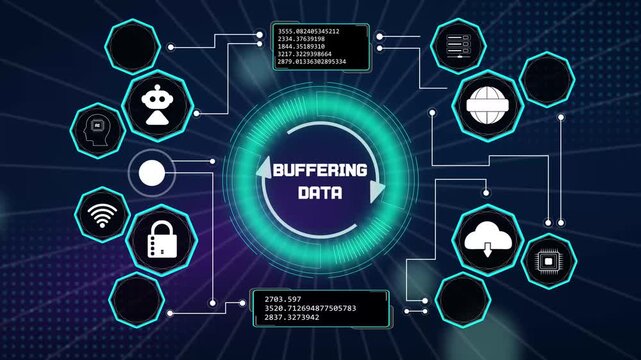 Modern telemetry dashboard displaying real time buffering data metrics with green glowing progress arrows