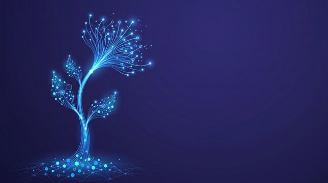 Abstract futuristic glowing digital plant growing on dark blue background. Cybernetic bio technology, artificial intelligence, green tech, and neural network connection concept with copy space