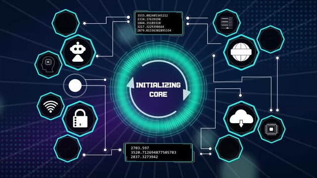 Modern hardware diagnostic panel layout tracking initializing core progress loops and central processor activation