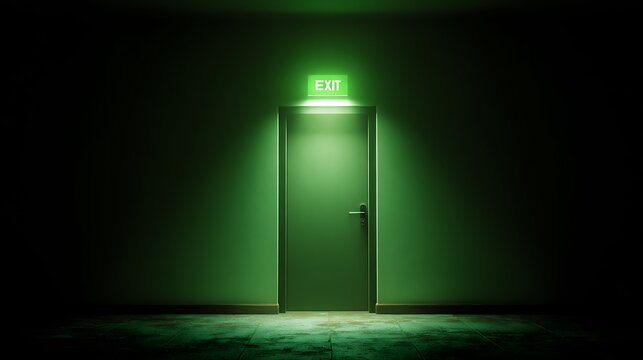 A green light shines on an exit door in a dark room with a concrete floor.