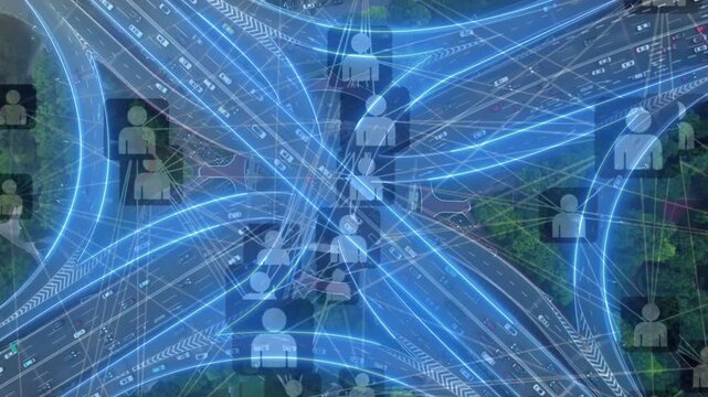Aerial view of a highway interchange overlaid with glowing blue network lines and user icons. Represents smart transportation, connected vehicles, telematics, and human mobility networks.