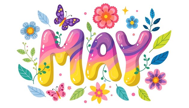 Colorful may month hand lettering typography with spring flowers and butterflies