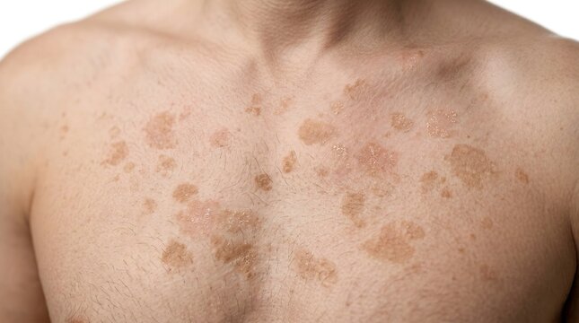 Dermatological skin condition on male chest showing fungal infection symptoms tinea versicolor patches on human torso, pityriasis versicolor skin rash with light brown spots