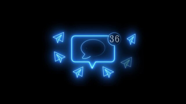 Neon social media notification with flying paper planes animation 4k message chat