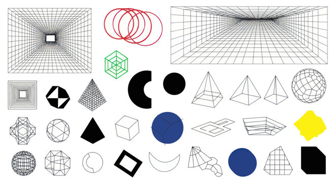 Geometric shapes and 3D models.