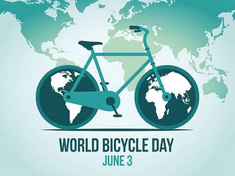 World bicycle day poster with bicycle and world map on june 3rd celebration