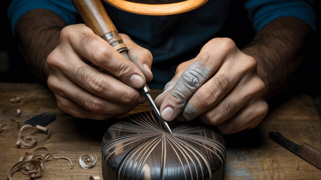 Macro shot of artisan hands carving ebony wood with silver dust