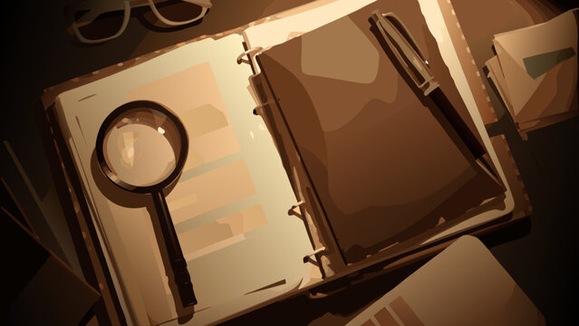 Detective tools in a leather bound notebook with magnifying glass pen and glasses on a dark background evoking investigation and mystery