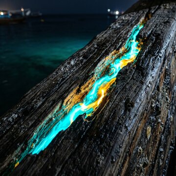 Weathered Omani dhow hull with a glowing gold and cyan scar as a powerful metaphor for healing and resilience