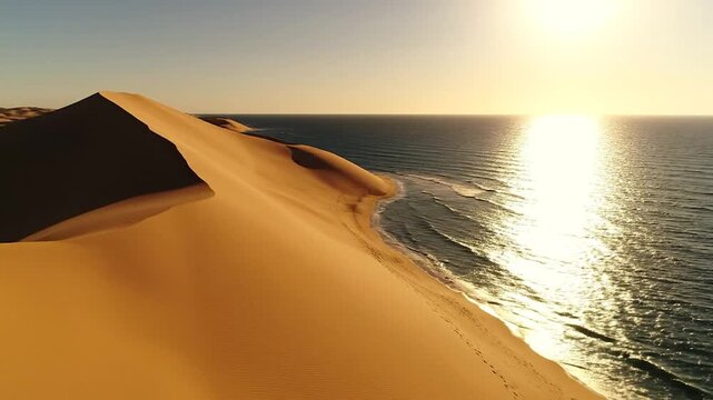 Large golden sand dunes meeting the blue ocean waves under a bright sunset sky in a coastal desert landscape