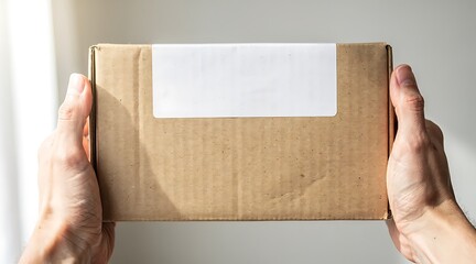 Obraz premium Hands Holding a Cardboard Box with a Blank Label.