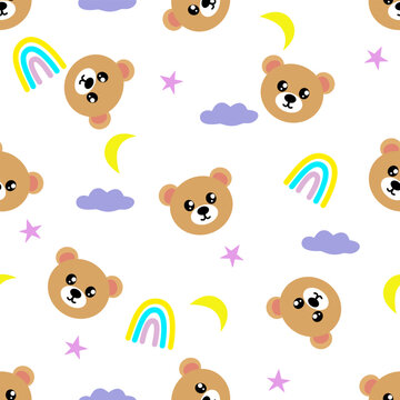 Adorable seamless pattern featuring teddy bear faces, colorful rainbows, clouds, crescent moons, and stars. Perfect for nursery decor, baby textiles, kids products, and wrapping paper.