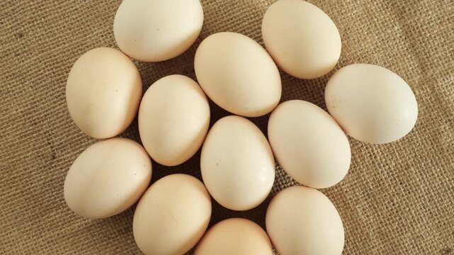 Fresh organic chicken eggs on a rustic burlap background