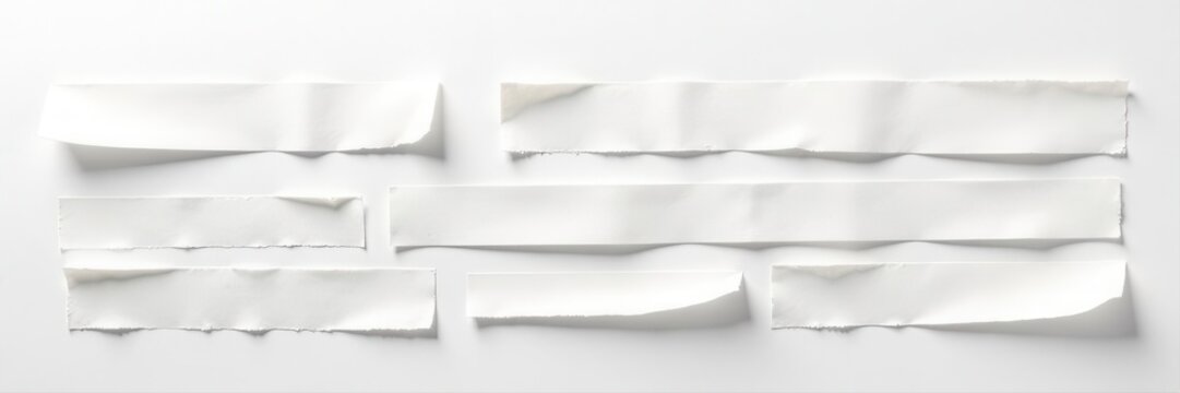 Torn white adhesive tape pieces on white background Irregular horizontal strips, various sizes , sticky tape, pieces, DIY