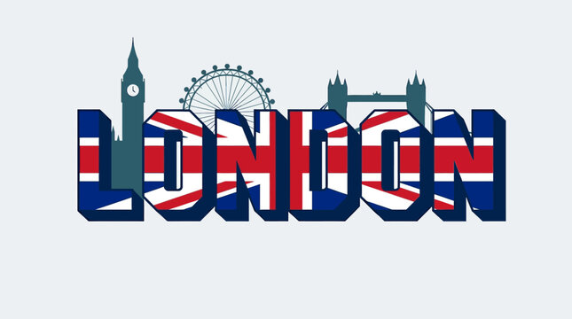 London Text with Landmarks Illustration - United Kingdom