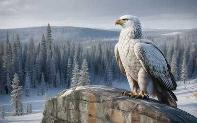 Fototapeta premium Eternal Boreal, the Untamed Northern Wilderness. Close-up of a white eagle on a stone.