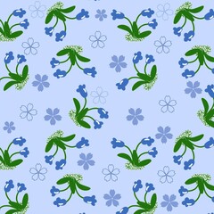 Obraz premium Seamless bluebell floral pattern, cute stylized blue flowers, green leaves, soft sky blue background. Delicate hand-drawn botanical motifs, repeating nature design ideal for textiles, wrapping paper. 