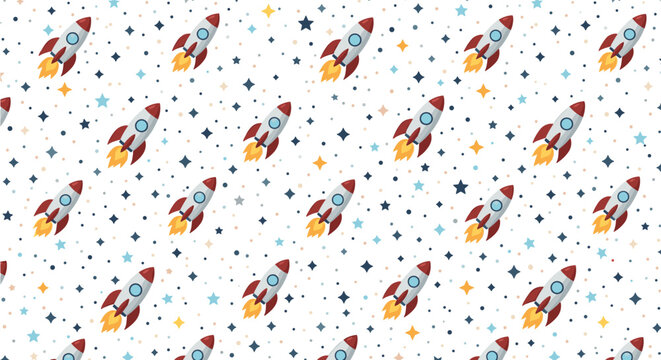 Playful outer space pattern features colorful rockets flying among a field of twinkling stars on a clean white background.