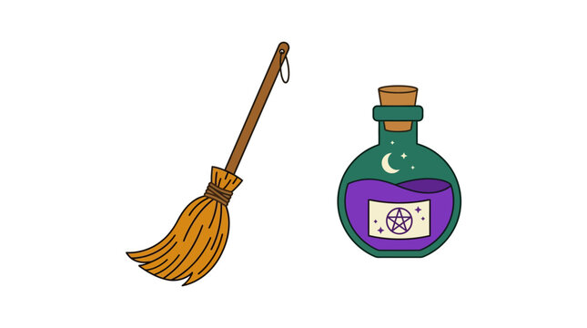 Magical broom and potion bottle with mystical elements