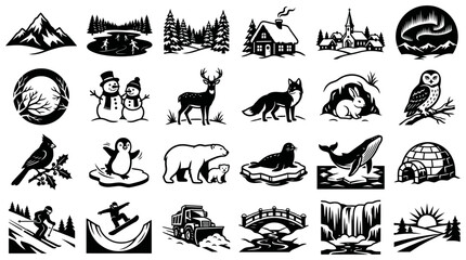 Obraz premium A versatile collection of winter and nature silhouette icons, depicting various animals, serene landscapes, and exhilarating seasonal activities