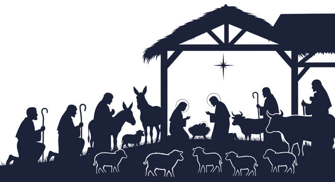Nativity scene with people and animals.