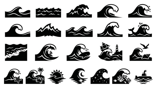 A collection of stylized black silhouette illustrations depicting various ocean waves, sea creatures, and coastal elements, ideal for graphic design and nautical themes