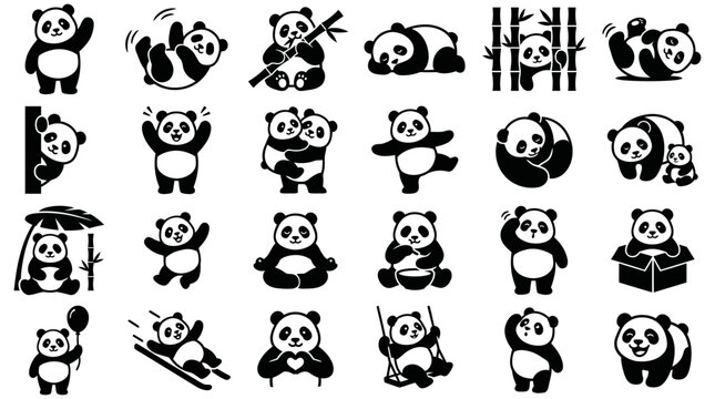 Collection of playful panda bear silhouettes in various poses and activities, a charming set of cartoon graphics