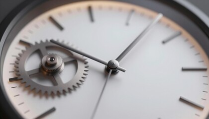 Fototapeta premium Close-up minimalist analog clock face with metal hands, visible gear and precision movement on a clean white dial with sleek modern design