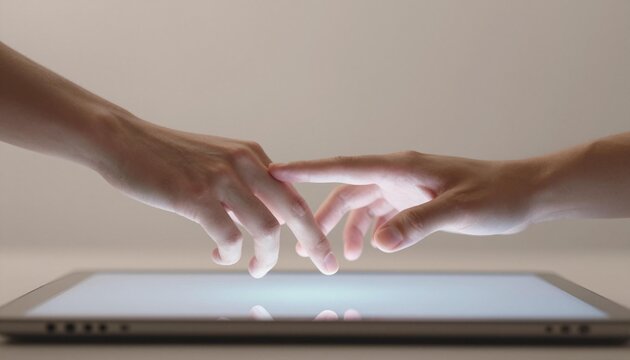 Two human hands gently touch fingertips above a glowing tablet screen, conveying connection and touch interaction