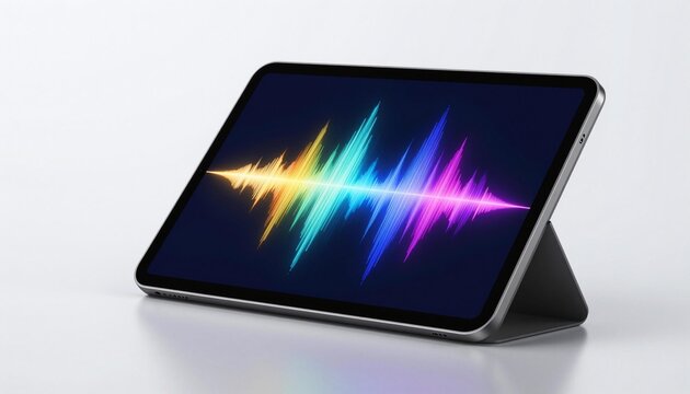 Tablet on a folio stand showing a colorful neon audio waveform across the screen on a clean white background