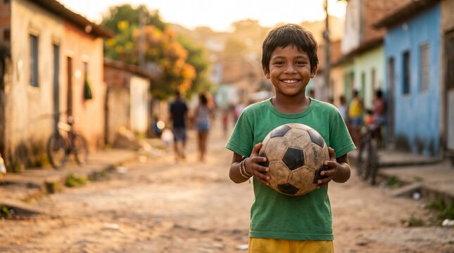 Happy young boy holding a worn soccer ball while standing in a narrow street of a Brazilian favela during golden hour