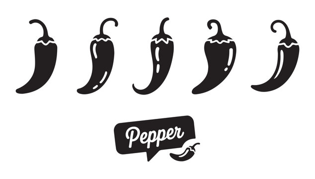 Chili pepper vector silhouettes set with cursive text label for spicy food branding and kitchen decoration.