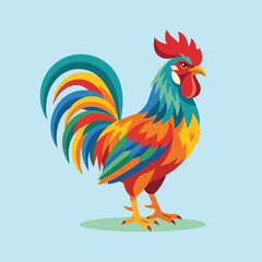 A vibrant illustration of a colorful rooster standing on ground © Quique