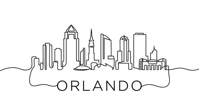 Orlando Skyline Continuous Line Art Illustration, Urban Panorama