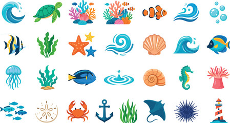 Marine Life and Ocean Icon Set with Tropical Fish Sea Creatures Coral Reef Waves and Nautical Elements Vector Illustrations for Summer Designs © Md