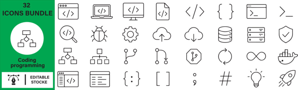 Set of 32 Coding programming icons Each icon will be different, create a vector outline icons using white background and black color