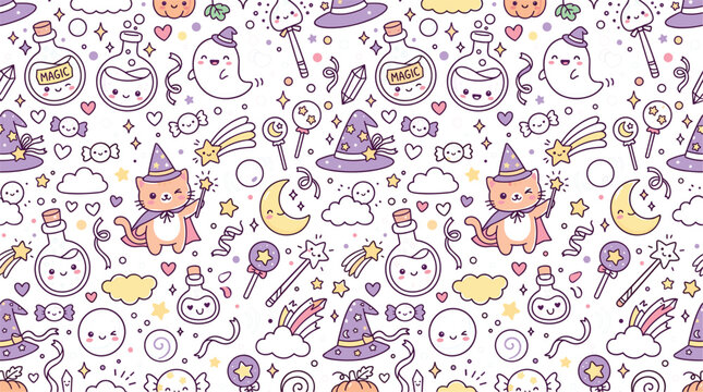 Kawaii Magic Cat Seamless Pattern Vector with Cute Ghost Potion Bottles Witch Hats Candy Stars and Clouds for Halloween Fabric Wallpaper and Packaging Design