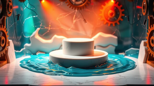 Abstract stage setup. White pedestal surrounded by water, gears, lights. Dramatic illumination creates futuristic scene. Complex design.