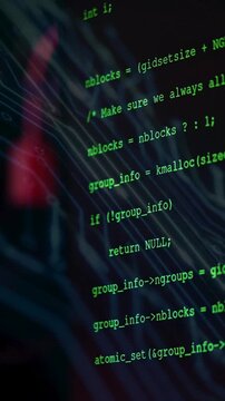 Green programming code scrolling on a dark screen with faint red digital circuits. Represents software development, cybersecurity, and coding.