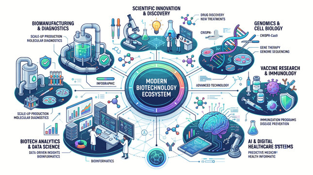 Biotechnology scene showing innovative laboratory equipment and scientists working on genetic engineering projects