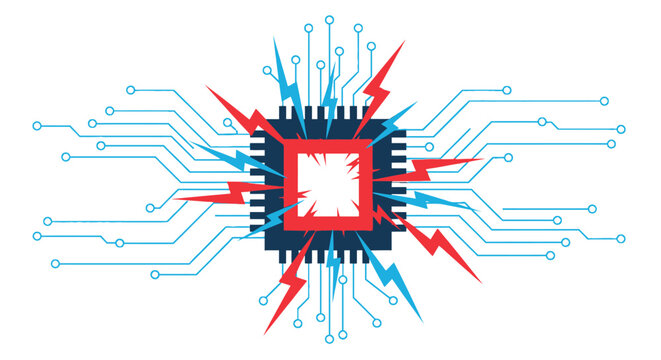 Central processing unit with electrical circuit board and lightning bolts representing data overload or system failure