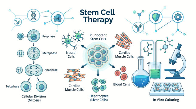 Modern biotechnology vector illustration featuring stem cells and laboratory equipment for therapy