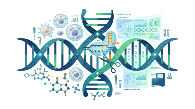 Scientists examine DNA helix structures with laboratory equipment and graphs in a science lab setting.