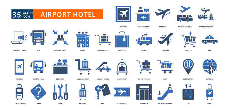 airport hotel icon set whit airport, check in desk,
take off, airport shuttle, transportation, announcement, bus, meeting point, hotel, airport cart, luggage, shuttle, airplane, trolley, taxi
