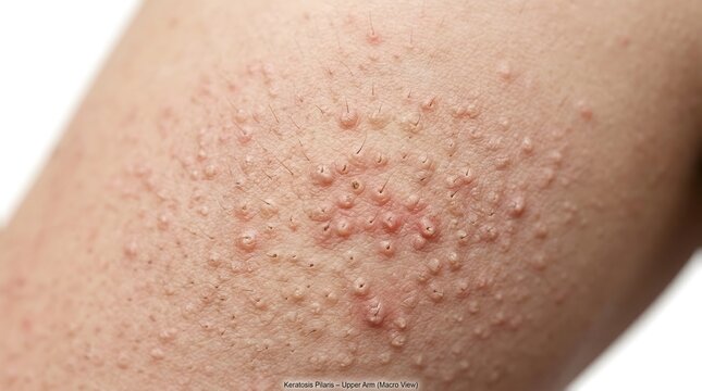 Keratosis pilaris skin condition on human arm, bumpy chicken skin texture with red follicular papules. Dermatological skin rash and clogged pores on epidermis. Medical close-up of follicular