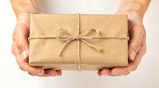 Hands holding a simple brown paper wrapped gift box tied with twine.